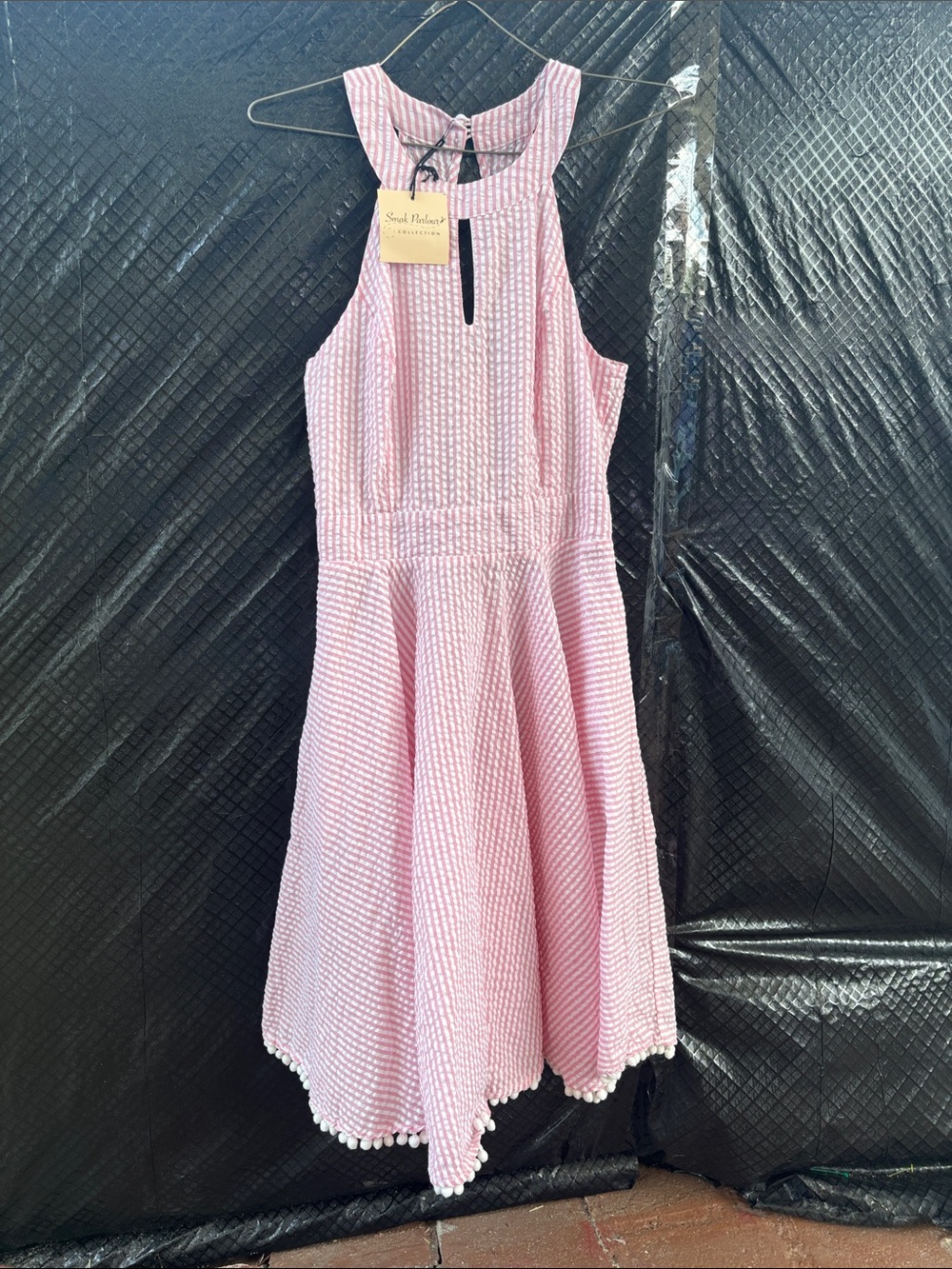 Light Pink Seersucker Halter Casual Dress with Pom-Pom Hem and pockets whimsical